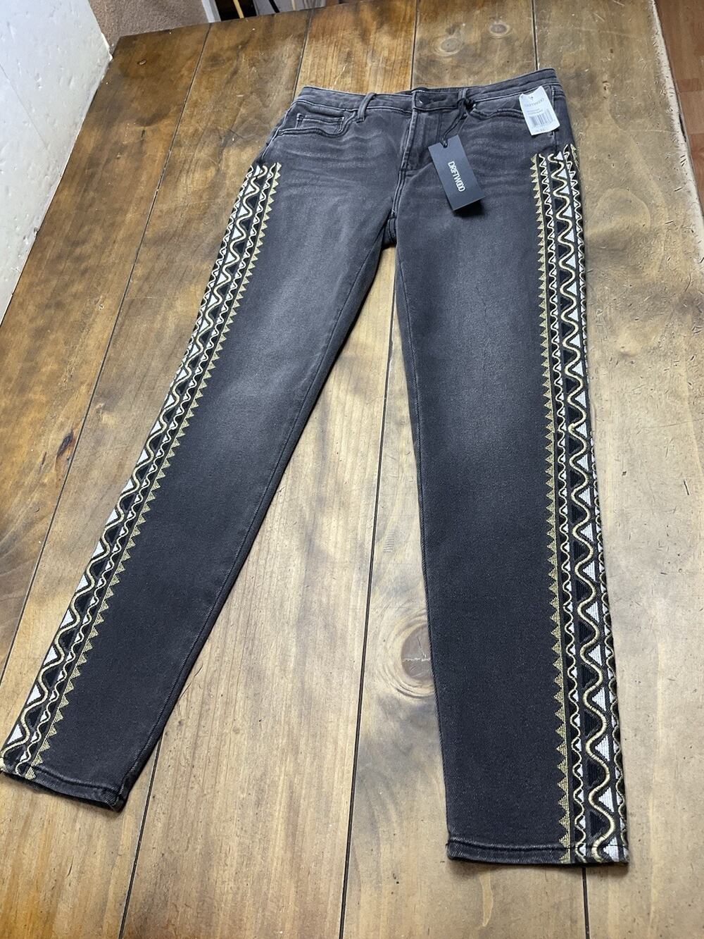 Driftwood Jackie Skinny Jeans Womens 26 Faded Black Geometric Embroidery NWT